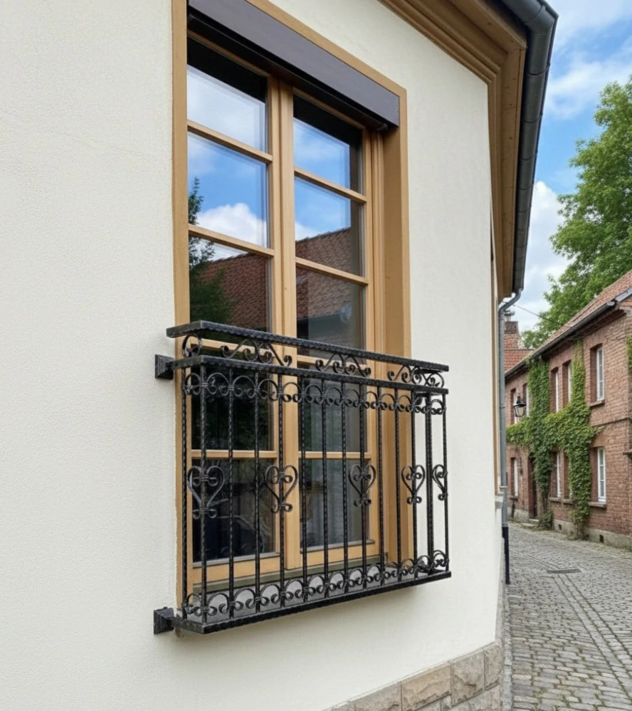 Kované zábradlí na francouzské okno – Francouzský balkon z oceli, na míru (výška 110 cm)